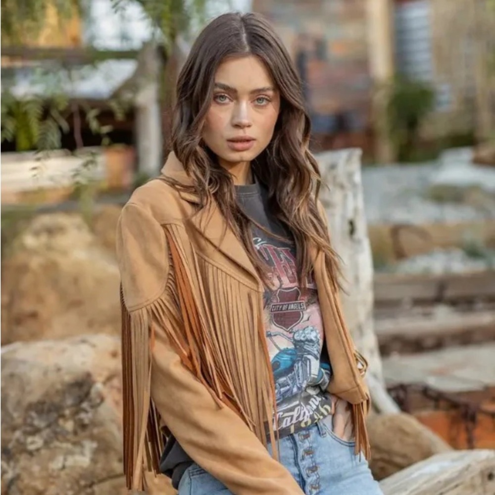 Tan faux suede fringe jacket size small